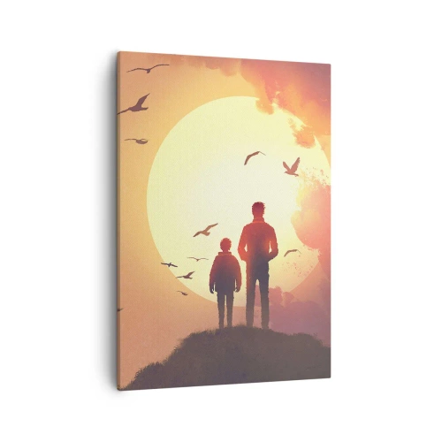 Bild auf Leinwand - Leinwandbild - Figuren vor dem Hintergrund der untergehenden Sonne - 50x70cm - Von Angesicht zu Angesicht mit der Sonne - Moderne Wanddekoration für Wohnzimmer und Schlafzimmer ARTTOR