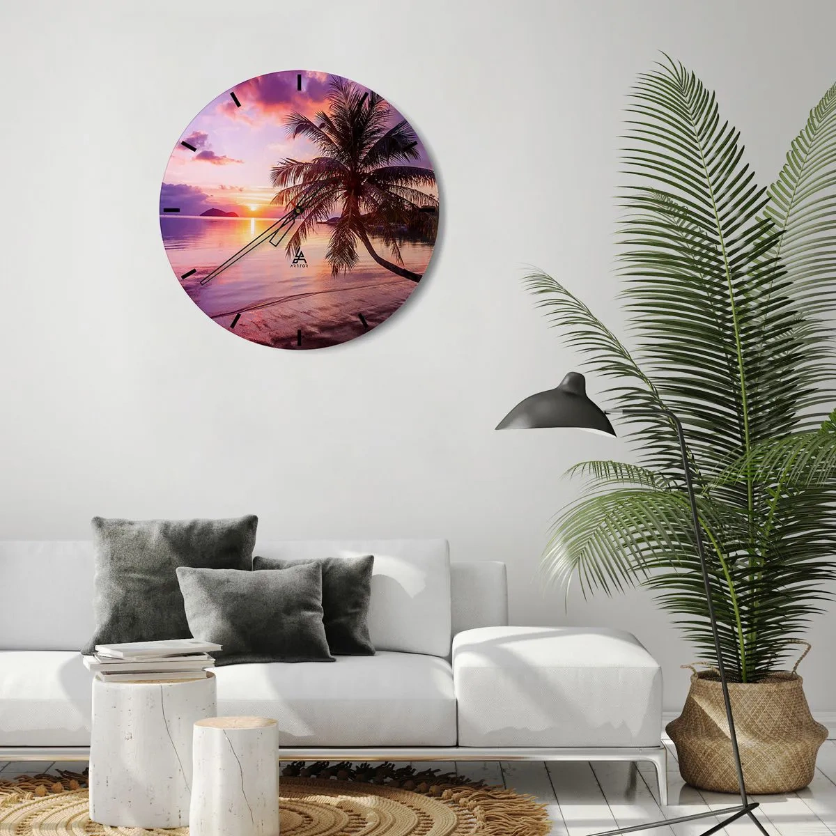 Wanduhr - Glasuhr - Palme an der Küste bei Sonnenuntergang - 30x30cm - Behaglichkeit bis zum Horizont - Moderne Wanddekoration für Wohnzimmer, Küche und Schlafzimmer ARTTOR