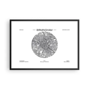 Poster in einem schwarzem Rahmen - Eine minimalistische Schwarzweißkarte von Birmingham mit präzisen Details. - 70x50cm - Anatomie von Birmingham - Moderne Wanddekoration für Wohnzimmer und Schlafzimmer ARTTOR
