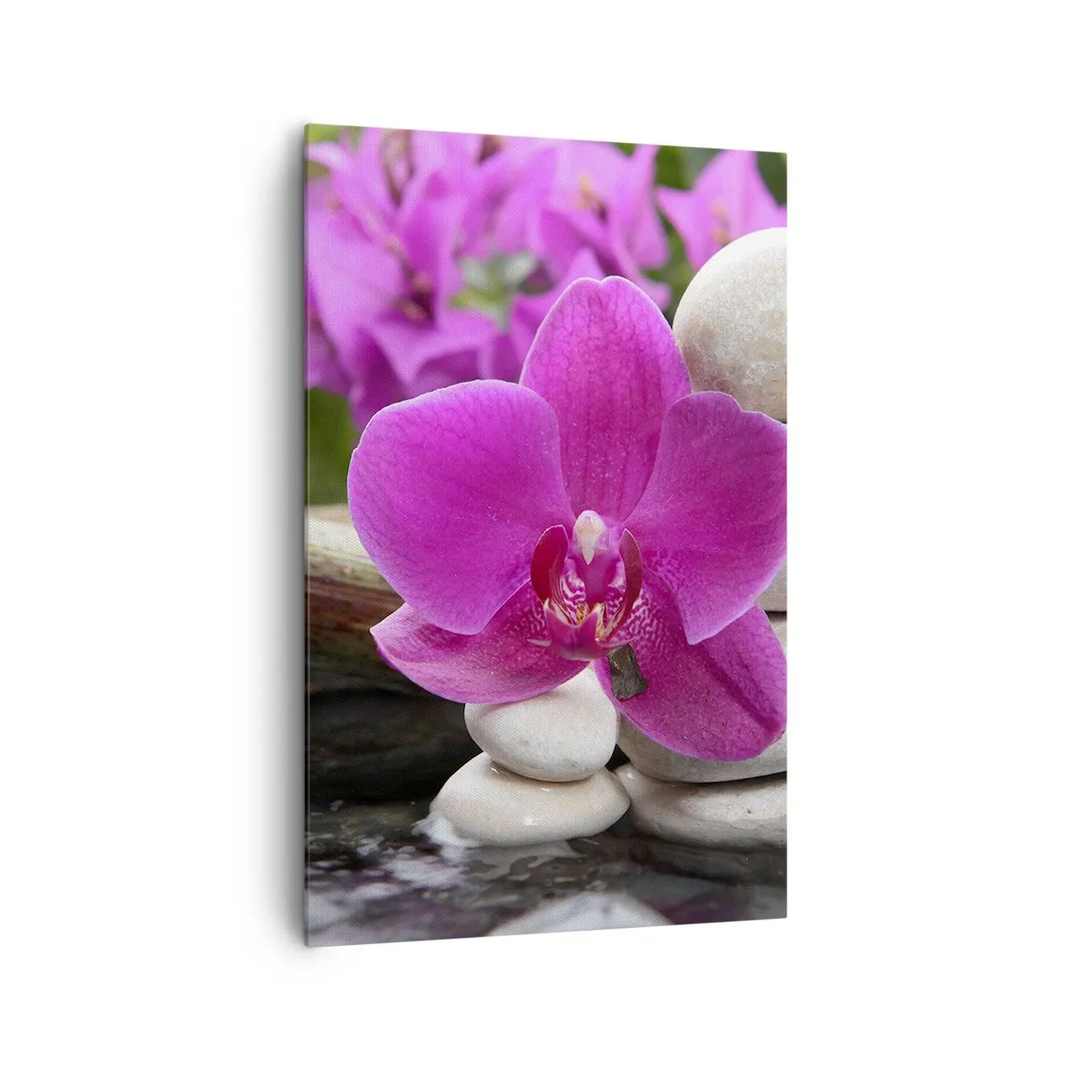 Bild auf Leinwand - Leinwandbild - Lila Orchidee, Steine und Bambus mit Wasser in einer entspannenden Umgebung - 80x120cm - Du ruhst dich schon aus - Moderne Wanddekoration für Wohnzimmer und Schlafzimmer ARTTOR