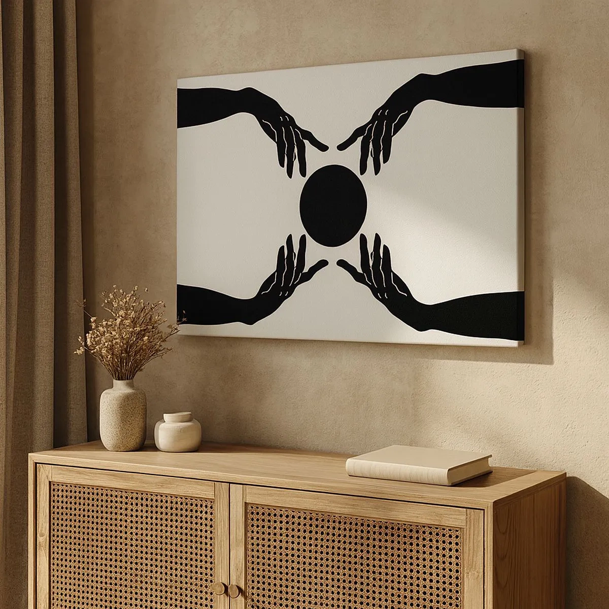 Bild auf Leinwand - Leinwandbild - Schwarze Hände in einer symmetrischen Komposition mit einer Kugel - 70x50cm - Geheimes Zeichen - Moderne Wanddekoration für Wohnzimmer und Schlafzimmer ARTTOR