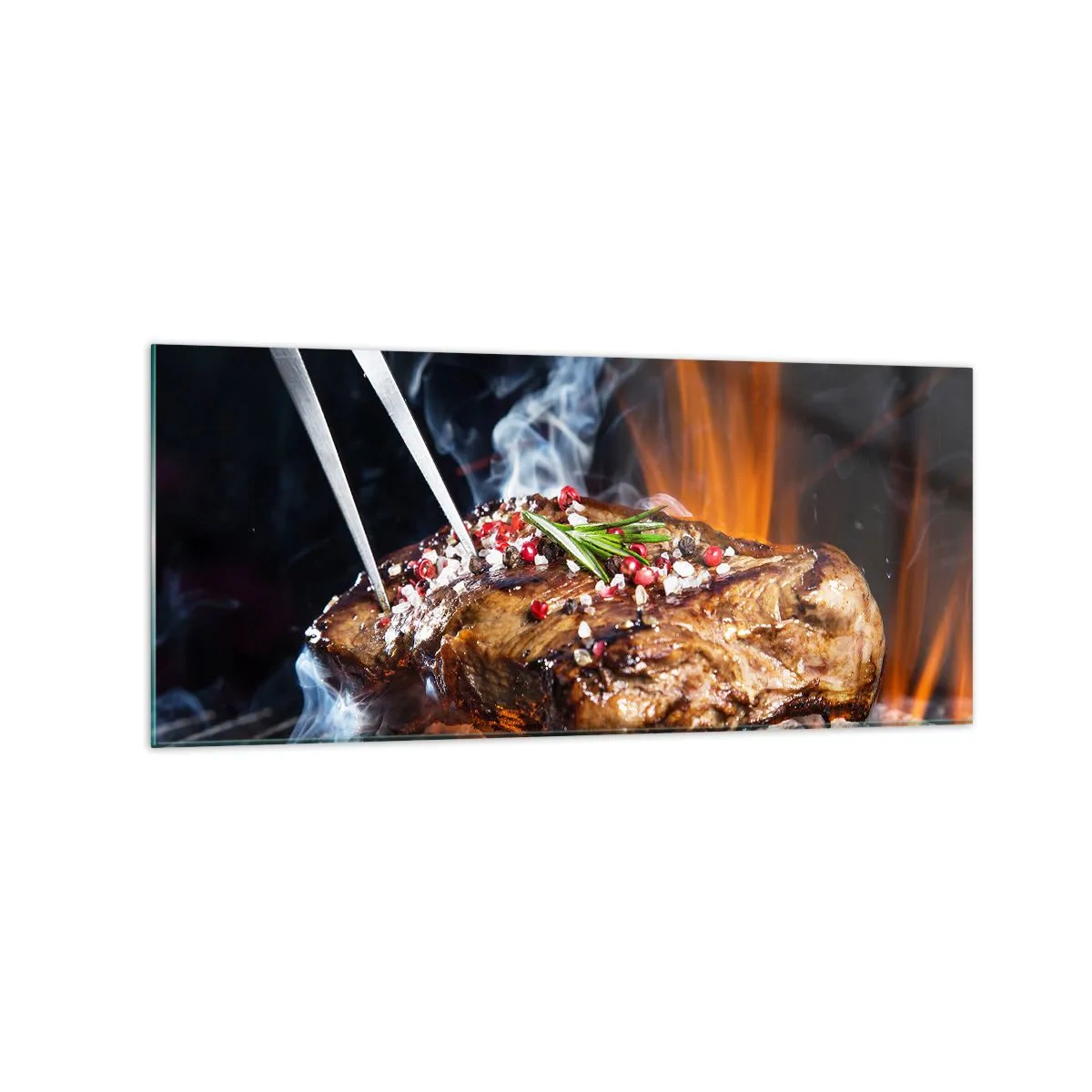 Glasbild - Bild auf glas - Gegrilltes Steak auf einem Grill mit Gewürzen - 120x50cm - Saftig und duftend - Moderne Wanddekoration für Wohnzimmer und Schlafzimmer ARTTOR