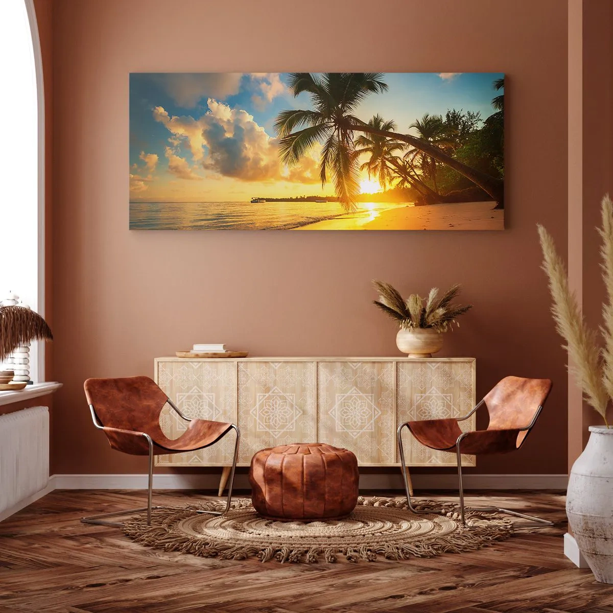 Bild auf Leinwand - Leinwandbild - Sonnenuntergang am Strand mit Palmen an der Küste - 160x50cm - Karibischer Traum - Moderne Wanddekoration für Wohnzimmer und Schlafzimmer ARTTOR