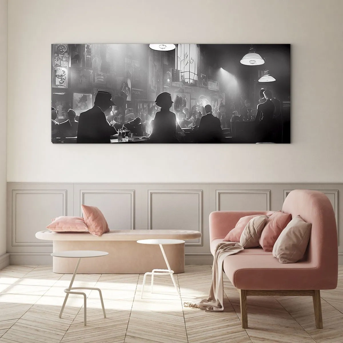 Glasbild - Bild auf glas - Schwarz-weiße Jazz-Nachtclubszene - 140x50cm - In Jazz-Atmosphäre - Moderne Wanddekoration für Wohnzimmer und Schlafzimmer ARTTOR