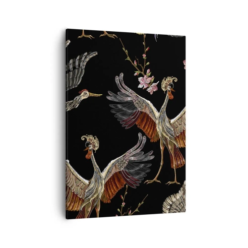Bild auf Leinwand - Leinwandbild - Stilvolle Kraniche und Blumen auf schwarzem Hintergrund - 50x70cm - Märchenvogel - Moderne Wanddekoration für Wohnzimmer und Schlafzimmer ARTTOR