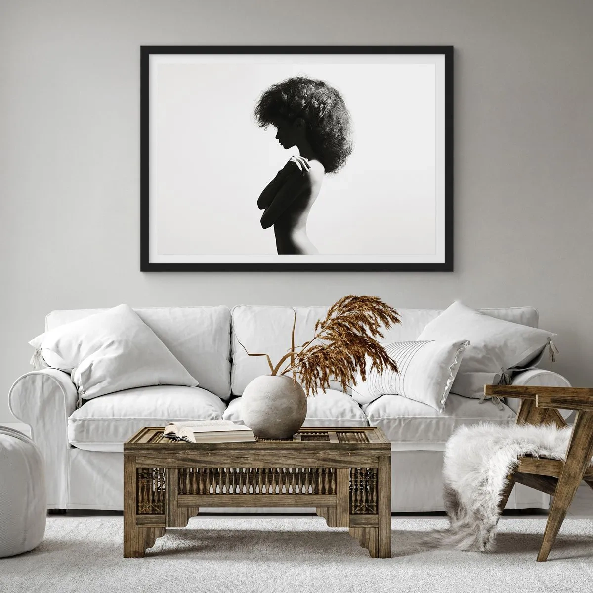 Poster in einem schwarzem Rahmen - Eine subtile Silhouette einer Frau in Schwarz-Weiß-Tönen auf hellem Hintergrund - 70x50cm - Wie eine Blume auf einem schlanken Stiel - Moderne Wanddekoration für Wohnzimmer und Schlafzimmer ARTTOR