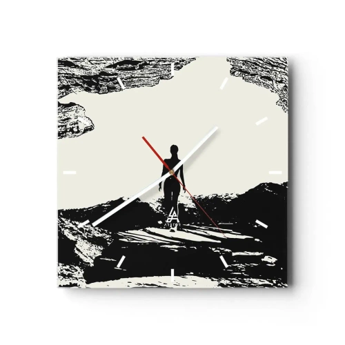 Wanduhr - Glasuhr - Schwarz-weiße Silhouette einer Frau in einer Höhle gegen den Himmel - 30x30cm - Neuer Blick - Moderne Wanddekoration für Wohnzimmer und Schlafzimmer ARTTOR