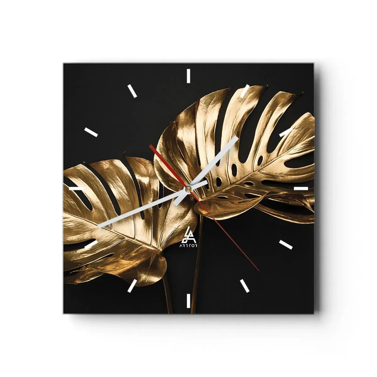 Wanduhr - Glasuhr - Goldene Monstera-Blätter auf schwarzem Hintergrund - 30x30cm - Die Schätze der Natur - Moderne Wanddekoration für Wohnzimmer und Schlafzimmer ARTTOR