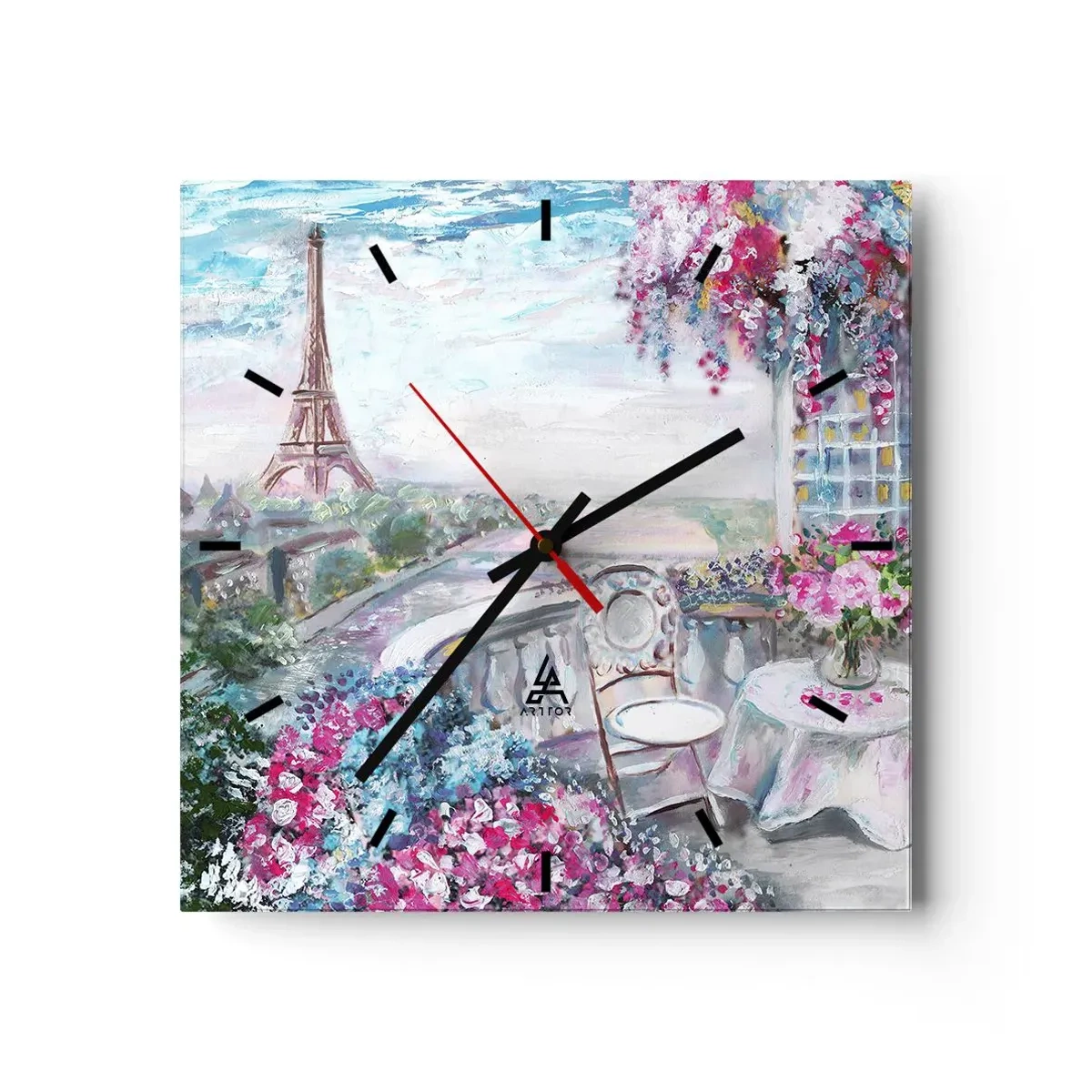 Wanduhr - Glasuhr - Ein romantischer Blick auf Paris mit dem Eiffelturm und einem Balkon voller Blumen - 30x30cm - Am schönsten ist es hier im Mai - Moderne Wanddekoration für Wohnzimmer und Schlafzimmer ARTTOR