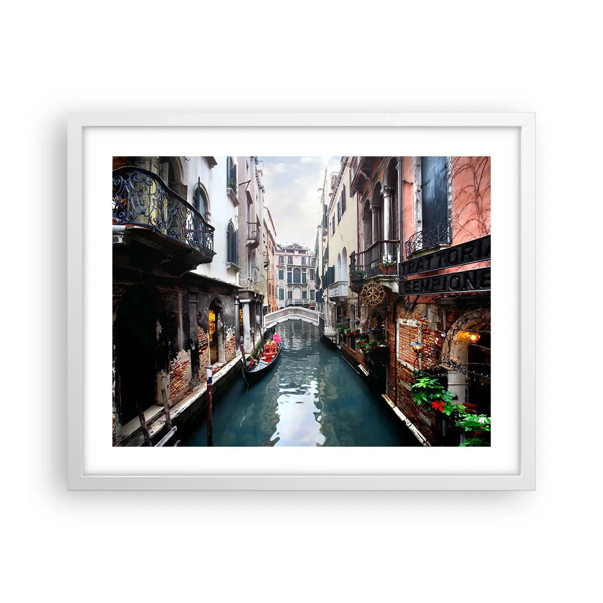 Poster in einem weißen Rahmen - Venezianische Landschaft mit Gondel und Brücke - 50x40 cm