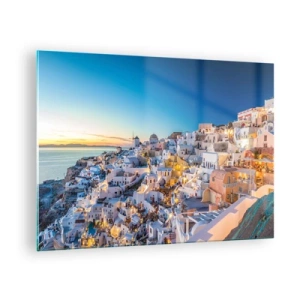 Glasbild - Bild auf glas - Panorama von Santorin bei Sonnenuntergang - 70x50cm - Die Essenz des Griechischen - Moderne Wanddekoration für Wohnzimmer und Schlafzimmer ARTTOR