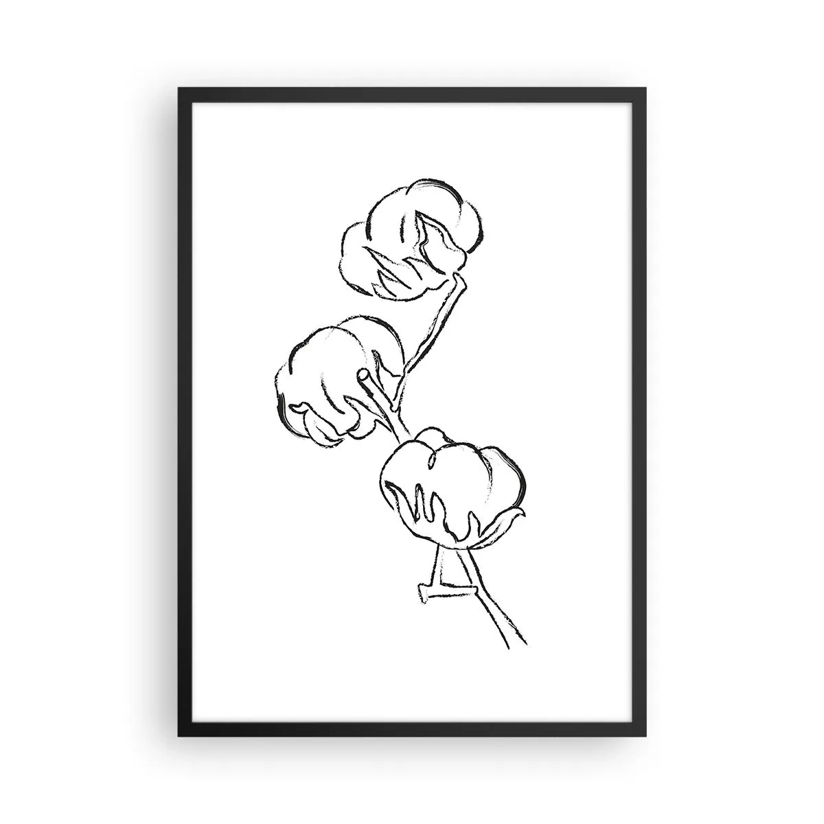 Poster in einem schwarzem Rahmen - Eine minimalistische Skizze eines Baumwollzweigs - 50x70cm - Baumwolldaunen - Moderne Wanddekoration für Wohnzimmer und Schlafzimmer ARTTOR