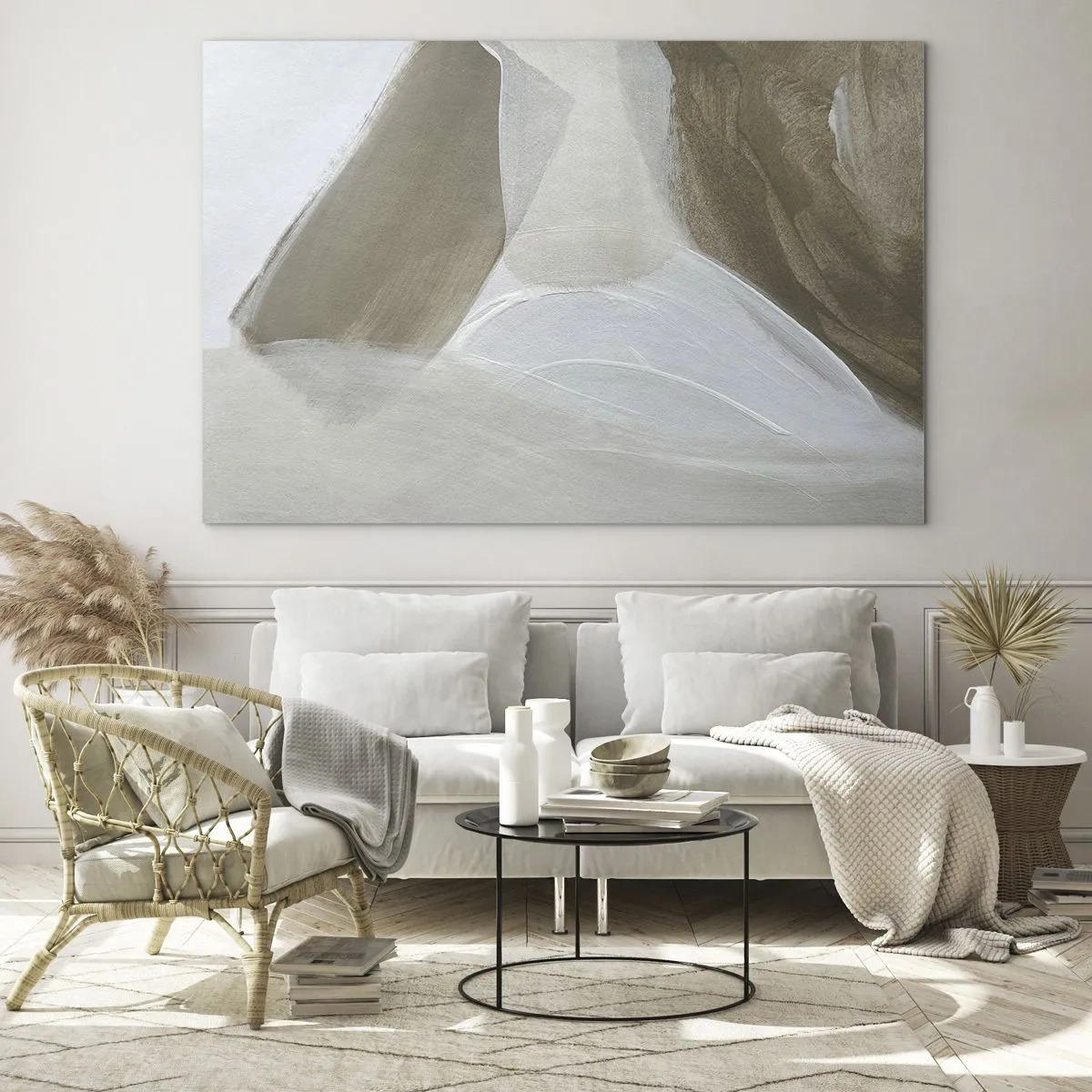 Glasbild - Bild auf glas - Eine zarte Abstraktion in Weiß und Beige mit weichen Strichen. - 70x50cm - Welle aus Weiß - Moderne Wanddekoration für Wohnzimmer und Schlafzimmer ARTTOR