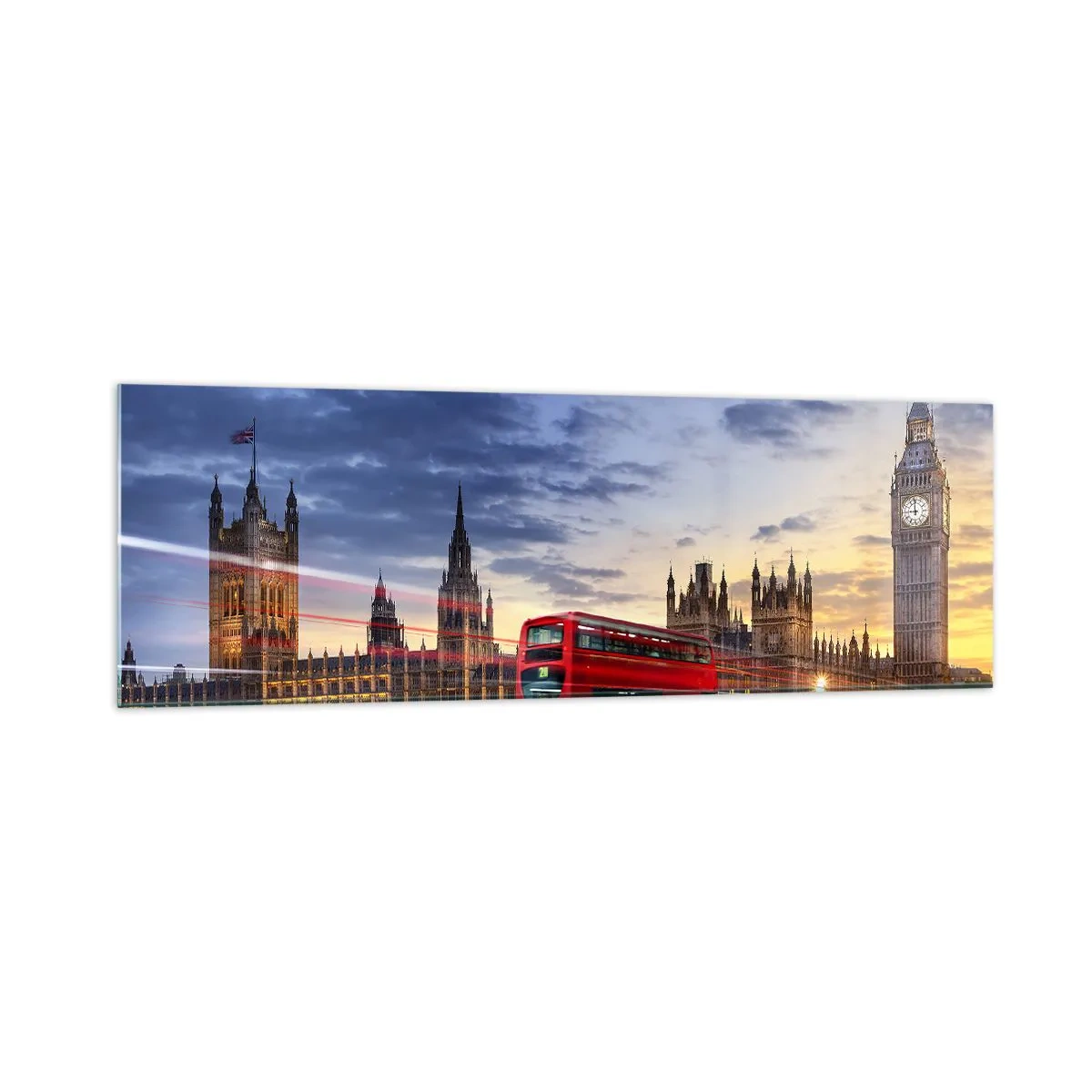 Glasbild - Bild auf glas - Ein roter Bus mit Big Ben und den Houses of Parliament im Hintergrund in der Abenddämmerung. - 160x50cm - Spezielle Charaktere - Moderne Wanddekoration für Wohnzimmer und Schlafzimmer ARTTOR