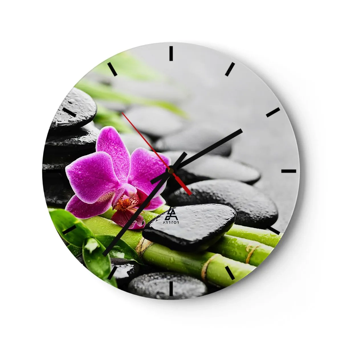 Wanduhr - Glasuhr - Lila Orchideenblüte auf einem Hintergrund aus Steinen und Bambus - 30x30cm - In ruhiger Balance - Moderne Wanddekoration für Wohnzimmer, Küche und Schlafzimmer ARTTOR