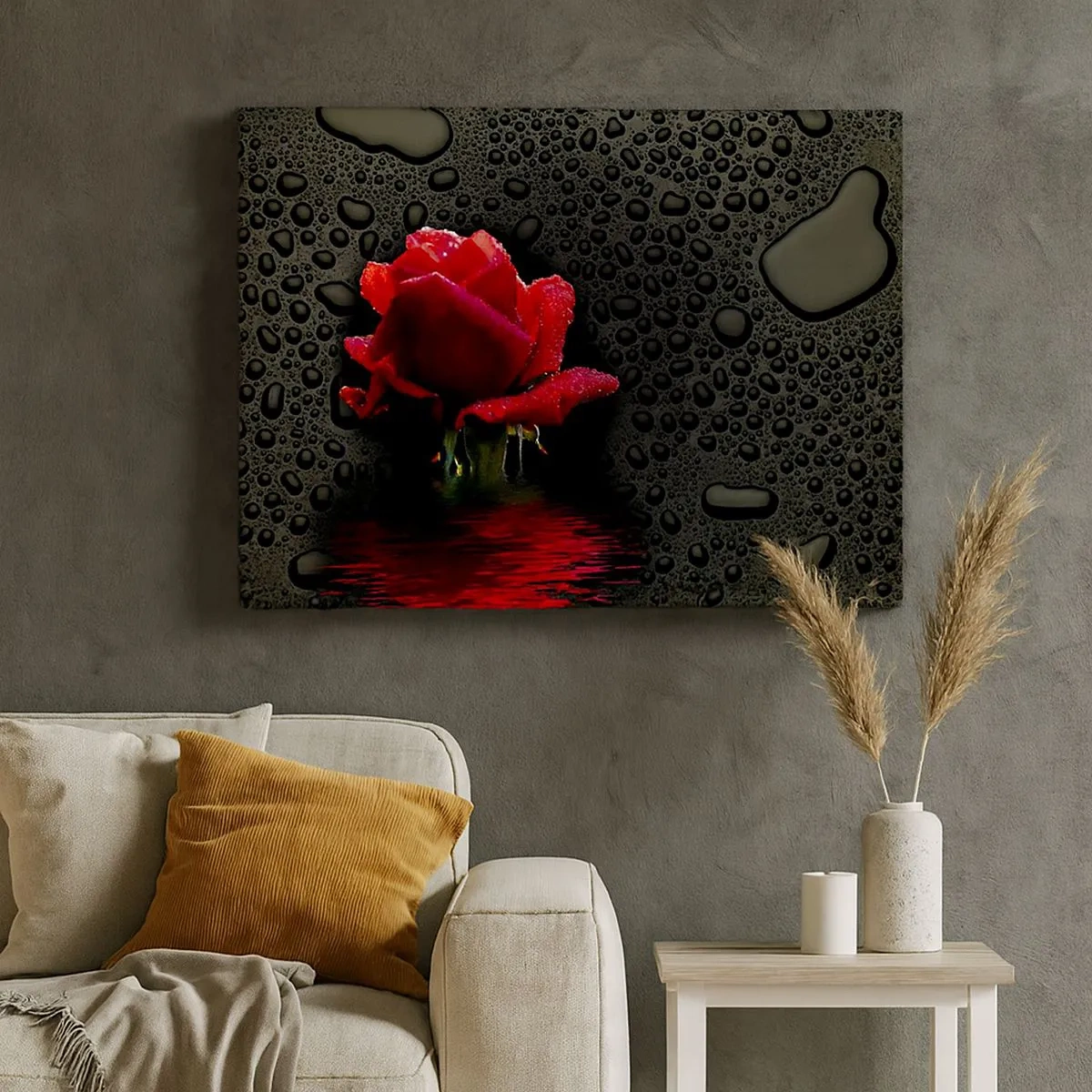 Bild auf Leinwand - Leinwandbild - Rote Rose mit Wassertropfen auf dunklem Hintergrund - 70x50cm - rot und Schwarz - Moderne Wanddekoration für Wohnzimmer und Schlafzimmer ARTTOR