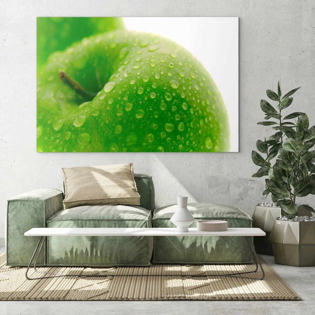 Glasbild - Bild auf glas - Ein grüner Apfel bedeckt mit Wassertropfen - 70x50cm - Grüne kühle Frische - Moderne Wanddekoration für Wohnzimmer und Schlafzimmer ARTTOR
