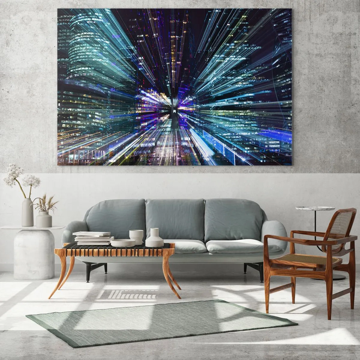 Glasbild - Bild auf glas - Dynamische Lichtlinien vor dem Hintergrund einer nächtlichen Stadt - 70x50cm - Übergang zum Hyperraum - Moderne Wanddekoration für Wohnzimmer und Schlafzimmer ARTTOR