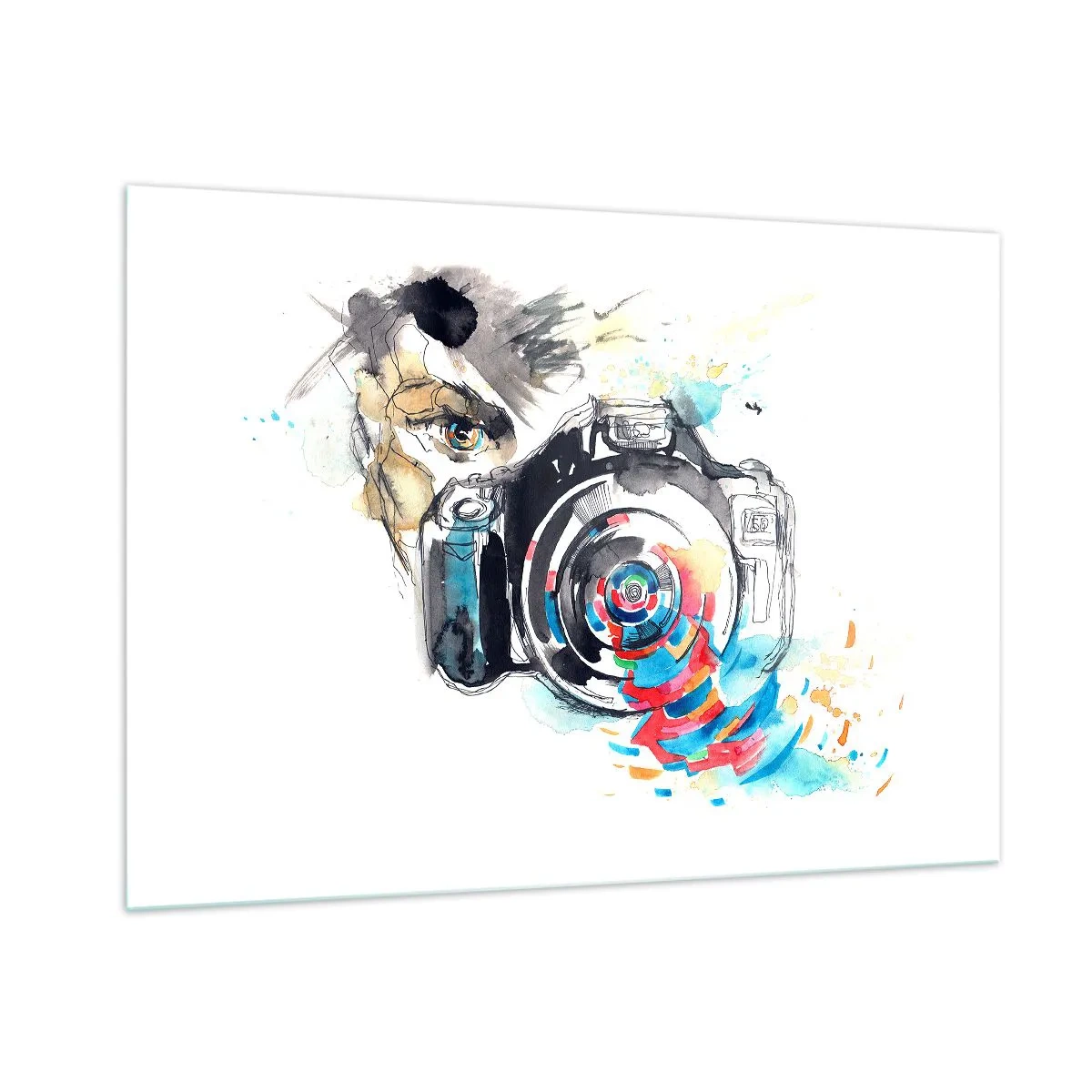 Glasbild - Bild auf glas - Kamera mit abstrakten bunten Elementen - 100x70cm - Im Auge der Linse - Moderne Wanddekoration für Wohnzimmer und Schlafzimmer ARTTOR