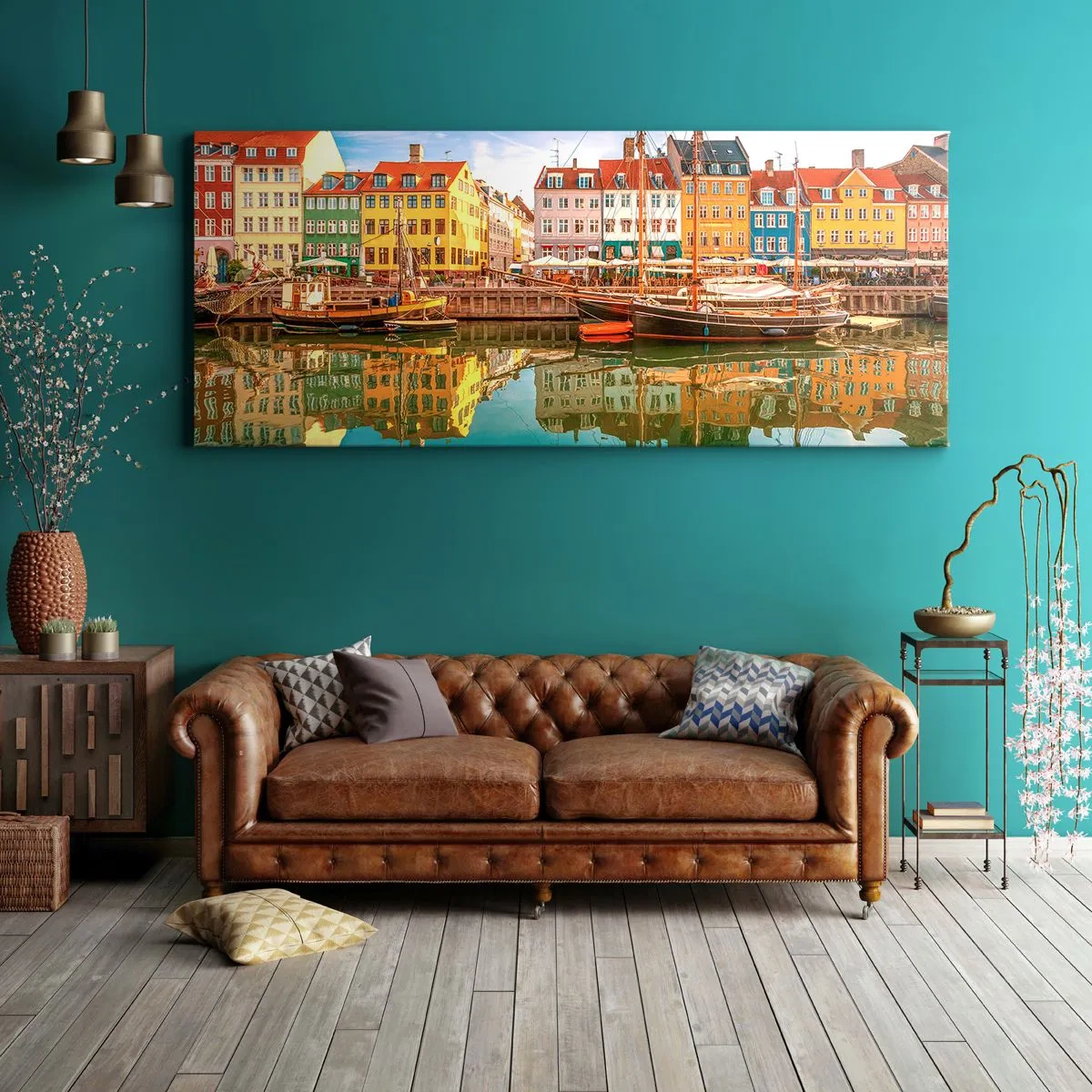 Bild auf Leinwand - Leinwandbild - Bunte Grachtenhäuser in Kopenhagen - 140x50cm - Glatt wie ein Spiegel über dem Wasser - Moderne Wanddekoration für Wohnzimmer und Schlafzimmer ARTTOR