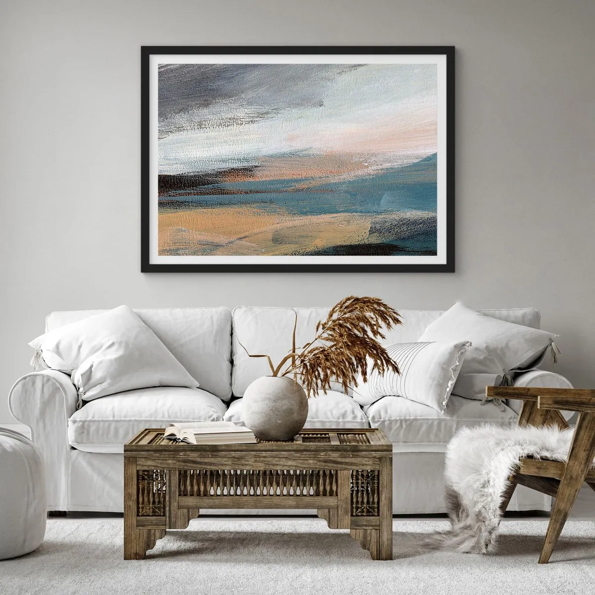 Poster in einem schwarzem Rahmen - Abstrakte Landschaft in gedämpften Blau- und Beigetönen - 70x50cm - Abstraktion: nördliche Landschaft - Moderne Wanddekoration für Wohnzimmer und Schlafzimmer ARTTOR