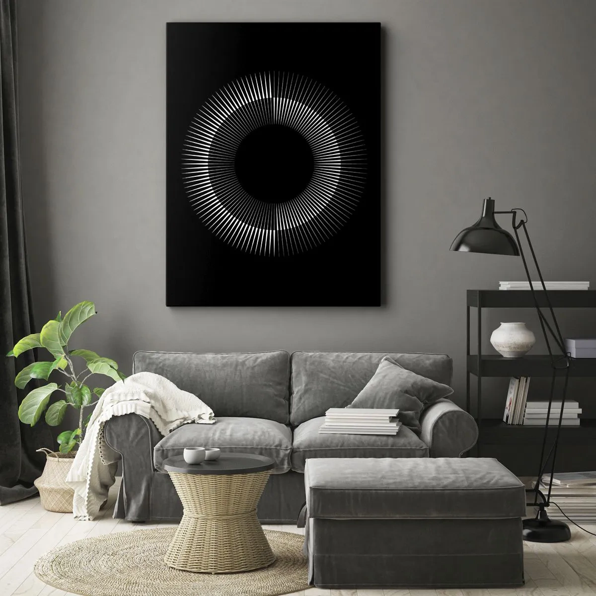 Bild auf Leinwand - Leinwandbild - Grafischer Kreis mit Strahlen in Schwarz und Weiß - 50x70cm - Schwarze Sonne - Moderne Wanddekoration für Wohnzimmer und Schlafzimmer ARTTOR