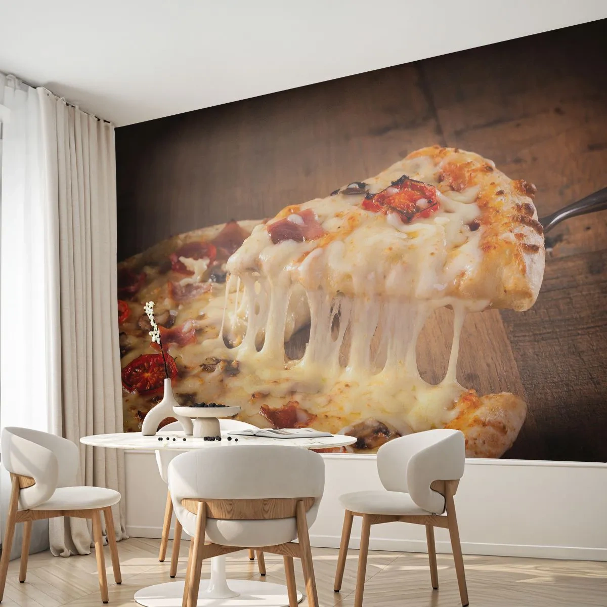 Fototapete Premium Sand - Appetitliche Pizza mit geschmolzenem Käse und Belag - 100x70cm - Ein Meisterwerk der italienischen Kunst - Moderne Wanddekoration für Wohnzimmer und Schlafzimmer ARTTOR