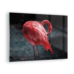 Glasbild - Bild auf glas - Ein Flamingo in intensiven Rottönen auf dunklem Hintergrund - 70x50cm - Ein purpurrotes Gedicht der Natur - Moderne Wanddekoration für Wohnzimmer und Schlafzimmer ARTTOR