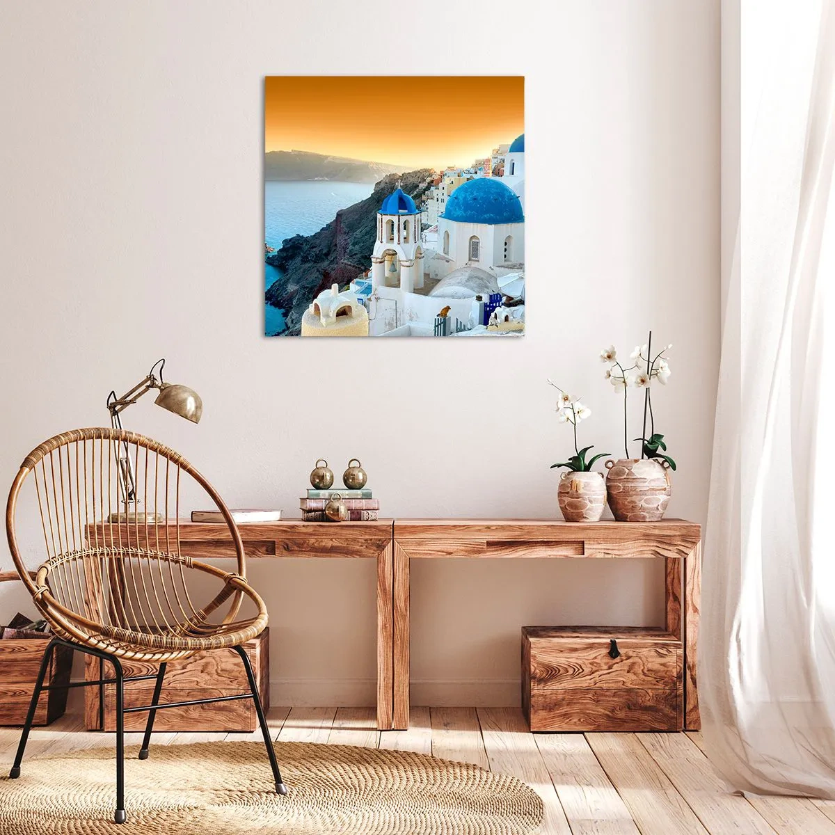 Bild auf Leinwand - Leinwandbild - Santorini - an die Felsen gekuschelt - 40x40 cm