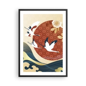 Poster in einem schwarzem Rahmen - Japanische Komposition mit Kranichen, Wellen und einem roten Kreis - 50x70cm - Japanisches Märchen - Moderne Wanddekoration für Wohnzimmer und Schlafzimmer ARTTOR