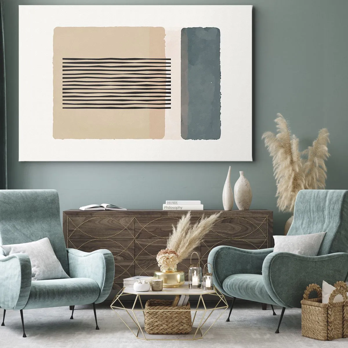 Bild auf Leinwand - Leinwandbild - Minimalistische geometrische Formen in Beige- und Grüntönen - 120x80cm - Alles ist in Ordnung - Moderne Wanddekoration für Wohnzimmer und Schlafzimmer ARTTOR