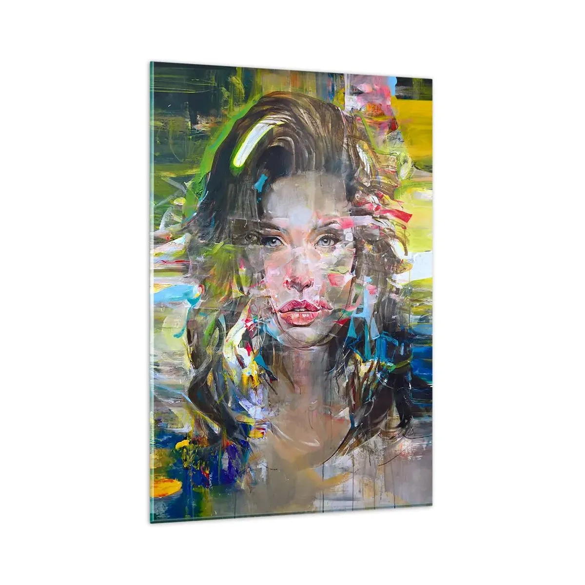 Glasbild - Bild auf glas - Abstraktes Frauenporträt in intensiven Farben - 80x120cm - Hinter der Luft ein Vorhang - Moderne Wanddekoration für Wohnzimmer und Schlafzimmer ARTTOR