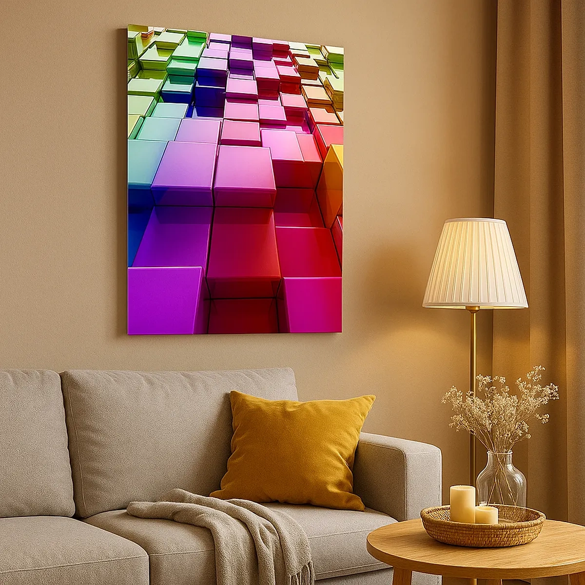 Bild auf Leinwand - Leinwandbild - Bunte geometrische 3D-Würfel - 50x70cm - Op-Art gemeinsam im Team - Moderne Wanddekoration für Wohnzimmer und Schlafzimmer ARTTOR