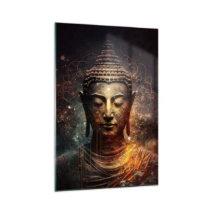Glasbild - Bild auf glas - Goldener Buddha auf dunklem Hintergrund mit Ornamenten - 70x100cm - Spirituelles Gleichgewicht - Moderne Wanddekoration für Wohnzimmer und Schlafzimmer ARTTOR