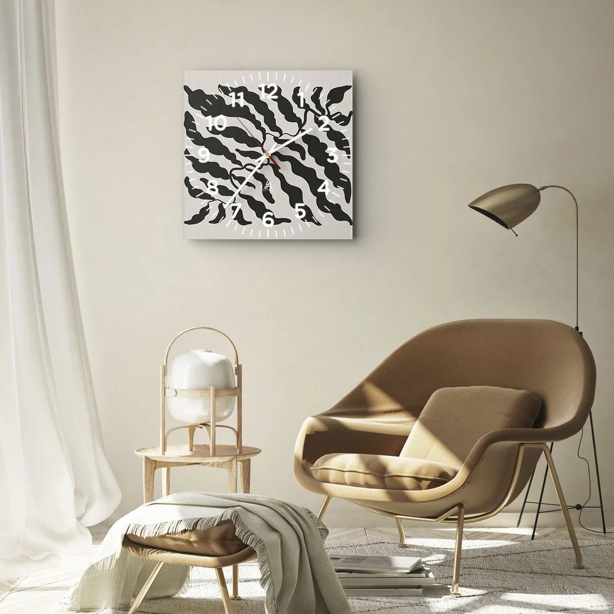 Wanduhr - Glasuhr - Zweige mit Blättern in Schwarz auf hellem Hintergrund - 30x30cm - Natur des Quadrats - Moderne Wanddekoration für Wohnzimmer und Schlafzimmer ARTTOR