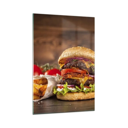 Glasbild - Bild auf glas - Appetitlicher Burger mit Extras - 80x120cm - Die verbotene Frucht - Moderne Wanddekoration für Wohnzimmer und Schlafzimmer ARTTOR