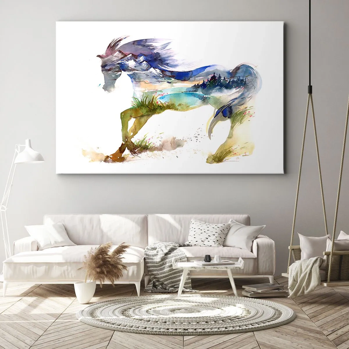 Bild auf Leinwand - Leinwandbild - Aquarell eines Pferdes mit einer Berglandschaft in der Silhouette - 70x50cm - Von der Wiese direkt in den Himmel - Moderne Wanddekoration für Wohnzimmer und Schlafzimmer ARTTOR