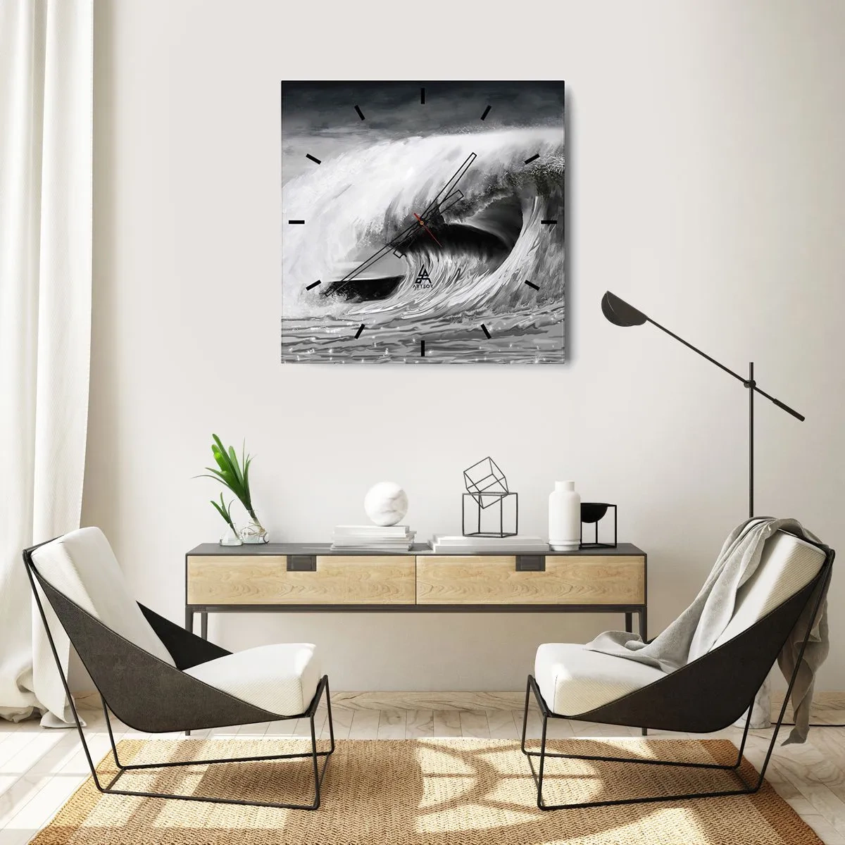 Wanduhr - Glasuhr - Dramatische Meereswelle in Monochrom - 30x30cm - Wut des Ozeans - Moderne Wanddekoration für Wohnzimmer und Schlafzimmer ARTTOR
