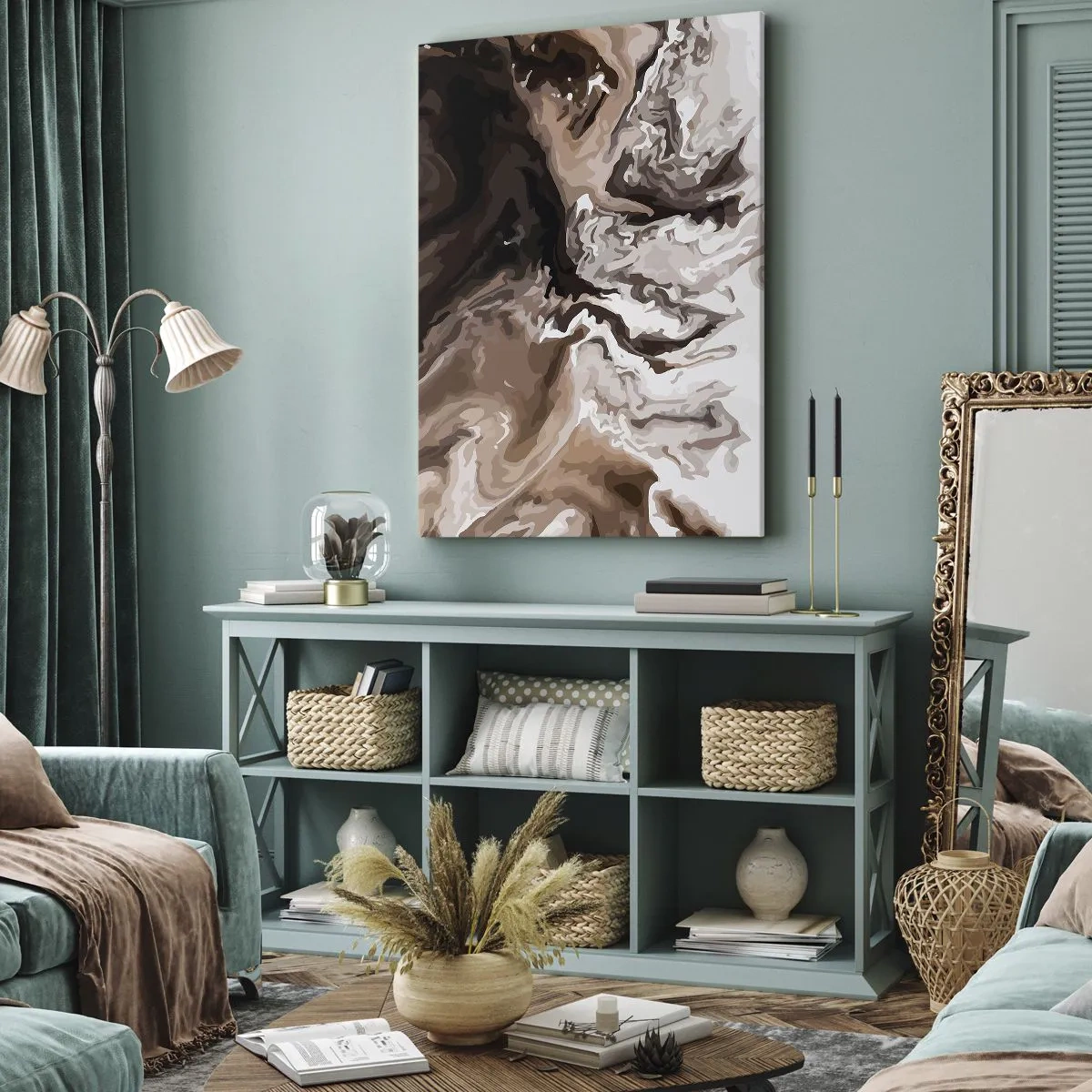 Bild auf Leinwand - Leinwandbild - Abstraktion in Brauntönen mit dynamischen Linien - 50x70cm - Farbkontrast - Moderne Wanddekoration für Wohnzimmer und Schlafzimmer ARTTOR