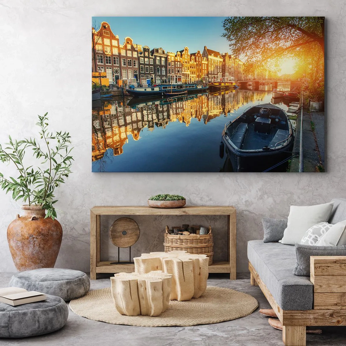 Bild auf Leinwand - Leinwandbild - Amsterdamer Kanal bei Sonnenuntergang - 100x70cm - Morgen in Amsterdam - Moderne Wanddekoration für Wohnzimmer und Schlafzimmer ARTTOR