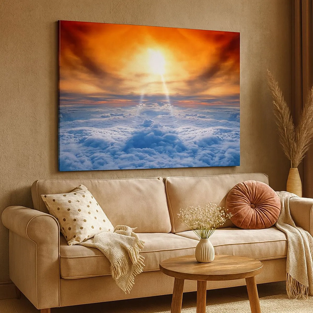Bild auf Leinwand - Leinwandbild - Sonnenuntergang über den Wolken, der Himmel voller goldener Farben und Licht. - 70x50cm - Mystische Landschaft - Moderne Wanddekoration für Wohnzimmer und Schlafzimmer ARTTOR