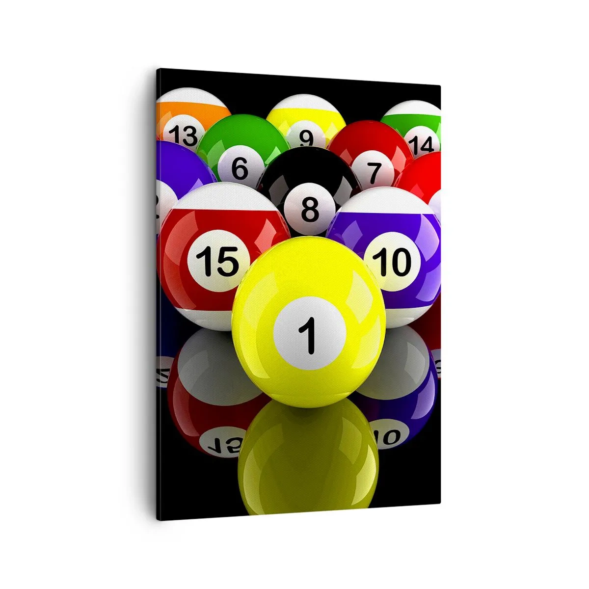 Bild auf Leinwand - Leinwandbild - Bunte Billardkugeln in einem Dreieck auf schwarzem Hintergrund angeordnet - 50x70cm - Verschiedene Spielfarben - Moderne Wanddekoration für Wohnzimmer und Schlafzimmer ARTTOR