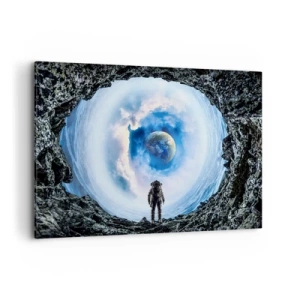 Bild auf Leinwand - Leinwandbild - Astronaut vor einer Weltraumlandschaft mit der Erde im Hintergrund - 100x70cm - Es ist nicht weit von zu Hause - Moderne Wanddekoration für Wohnzimmer und Schlafzimmer ARTTOR