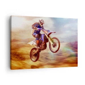 Bild auf Leinwand - Leinwandbild - Ein Motorradfahrer im Flug während einer dynamischen Offroad-Fahrt - 70x50cm - Motorradschwindel - Moderne Wanddekoration für Wohnzimmer und Schlafzimmer ARTTOR