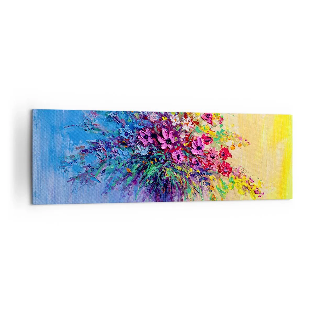 Bild auf Leinwand - Leinwandbild - Ein bunter Blumenstrauß in einer Vase vor einem Hintergrund mit Farbverlauf - 160x50cm - Sommergeschenk der Wiese - Moderne Wanddekoration für Wohnzimmer und Schlafzimmer ARTTOR