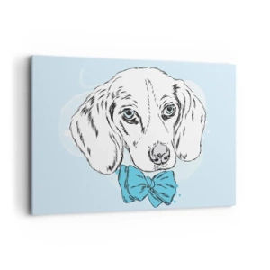 Bild auf Leinwand - Leinwandbild - Entzückende Grafik eines Hundes mit Fliege auf pastellfarbenem Hintergrund - 100x70cm - Hunde-Eleganz - Moderne Wanddekoration für Wohnzimmer und Schlafzimmer ARTTOR