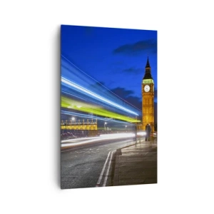 Bild auf Leinwand - Leinwandbild - Big Ben bei Nacht mit der Wirkung von Lichtern im Straßenverkehr - 80x120cm - Unter den wachsamen Augen von Big Ben - Moderne Wanddekoration für Wohnzimmer und Schlafzimmer ARTTOR