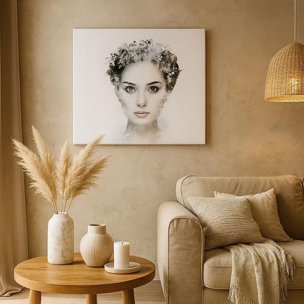Bild auf Leinwand - Leinwandbild - Ein künstlerisches Frauenporträt mit zarten abstrakten Akzenten. - 70x50cm - Ein äußerst stilvolles Portrait - Moderne Wanddekoration für Wohnzimmer und Schlafzimmer ARTTOR
