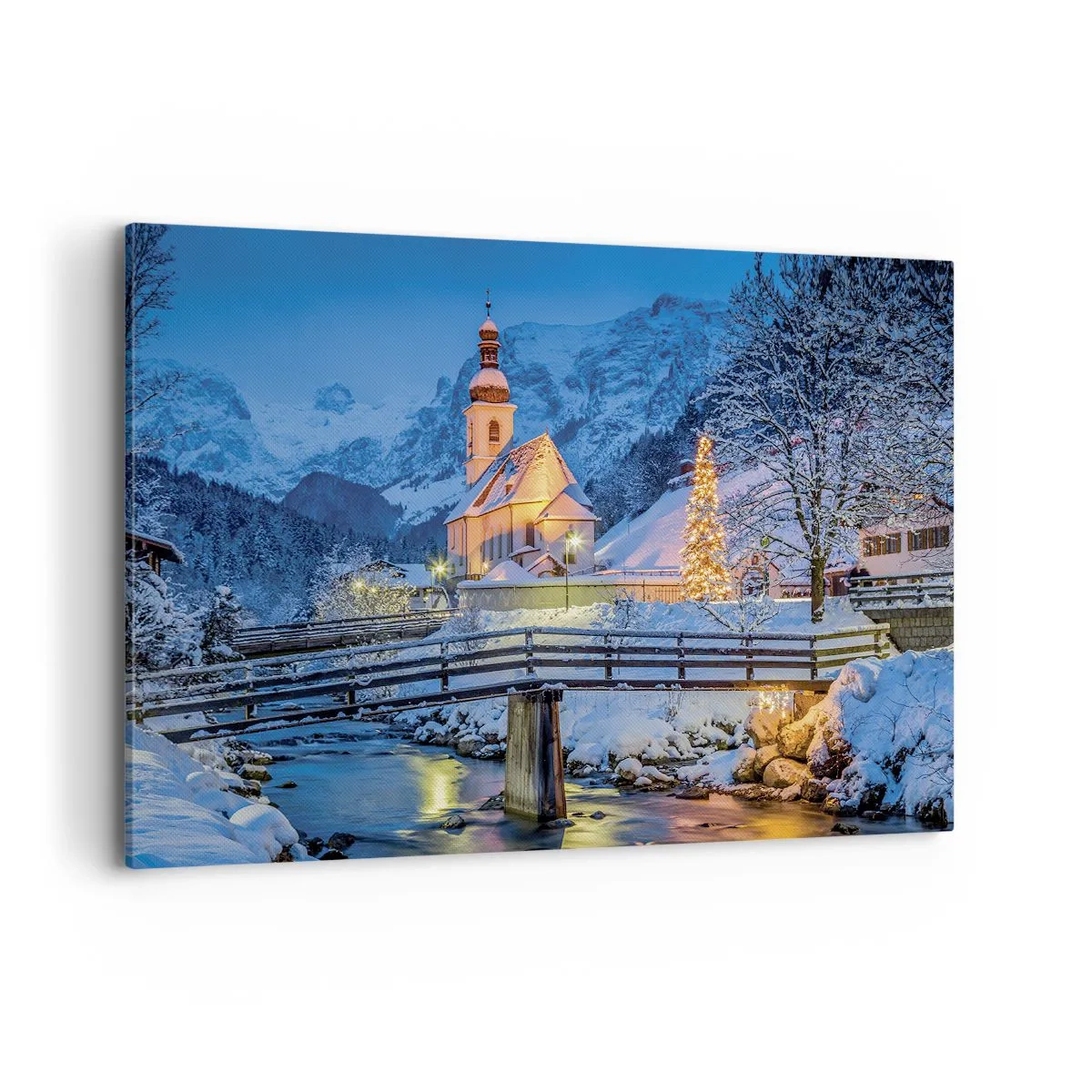 Bild auf Leinwand - Leinwandbild - Winterlandschaft mit Kirche, Brücke und Bergen in der Abenddämmerung - 100x70cm - Weihnachtsgeist - Moderne Wanddekoration für Wohnzimmer und Schlafzimmer ARTTOR