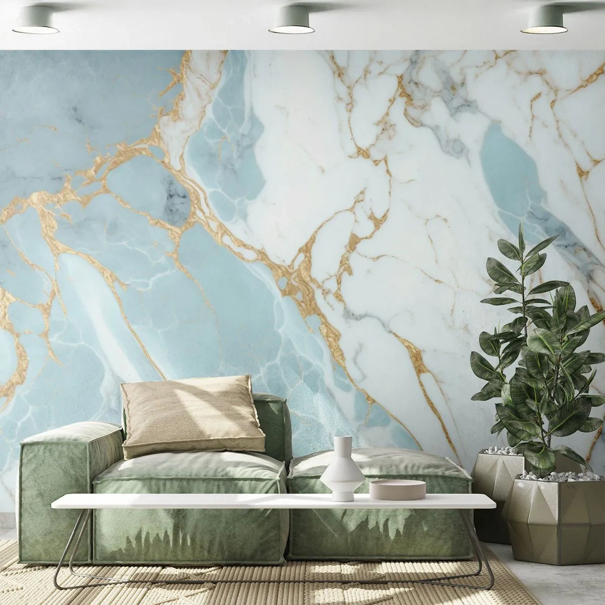 Fototapete Premium Sand - Marmormuster in Blau und Weiß mit goldenen Akzenten - 100x70cm - Reichtum des Steins - Moderne Wanddekoration für Wohnzimmer und Schlafzimmer ARTTOR